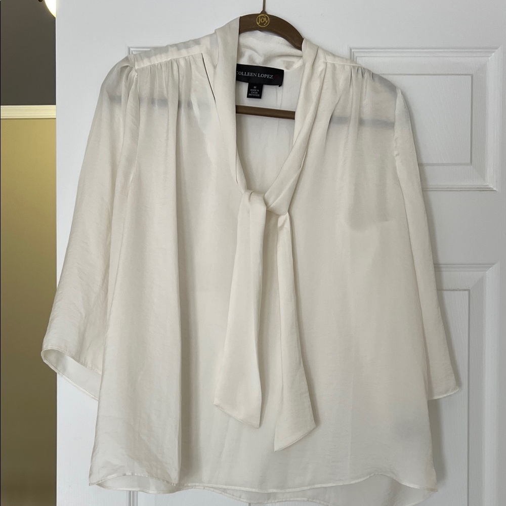 Colleen Lopez Cream Tie-Neck Blouse - Flowing Women's Top